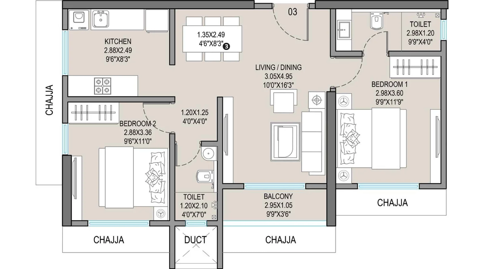 Evana Heights 2 BHK Floor Plan